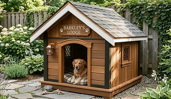 A wooden dog house