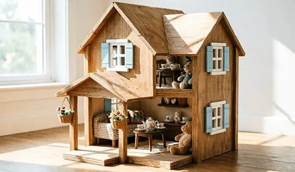 A handmade wooden dollhouse