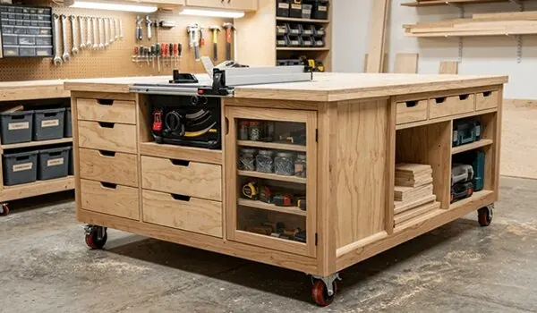 A woodworking workbench in a home workshop